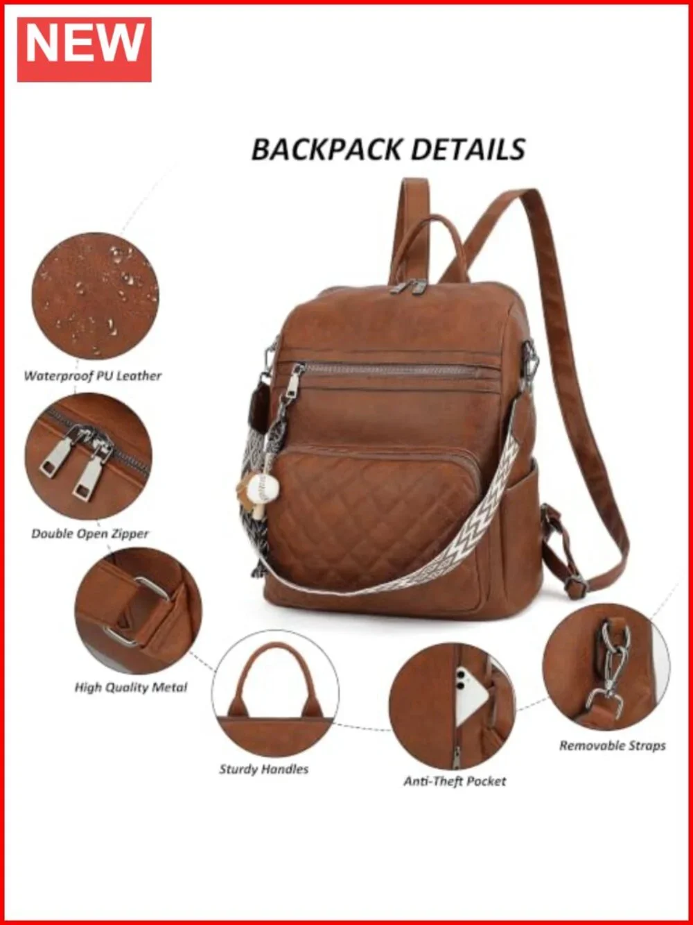 Waterproof PU Leather Backpack Purse for Women, Anti-Theft Convertible Handbag